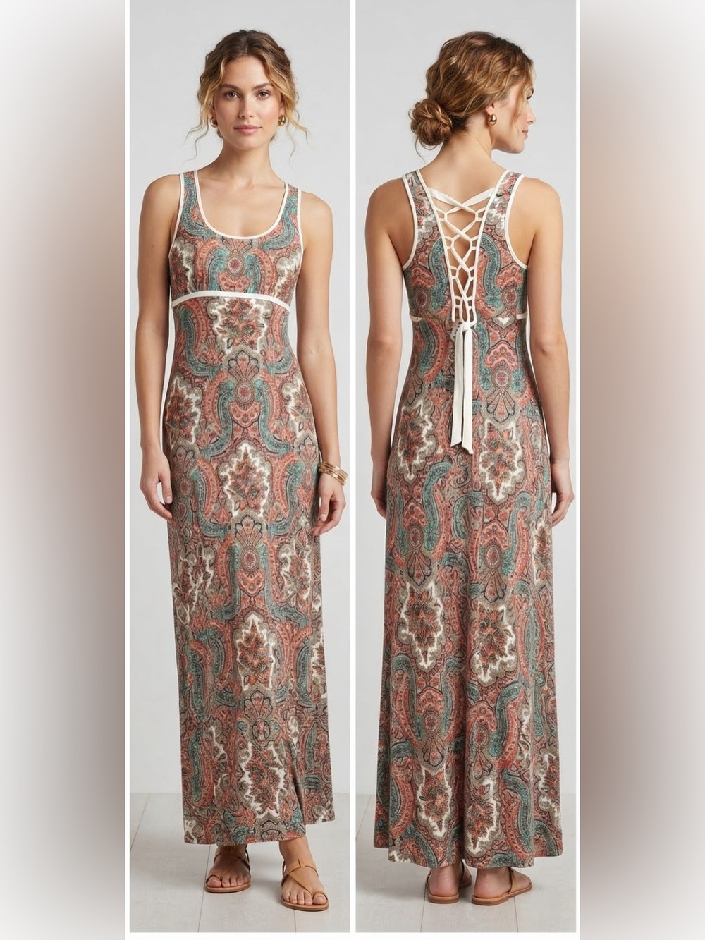 Paisley Maxi Dress with Lace-Up Back - Rust Teal